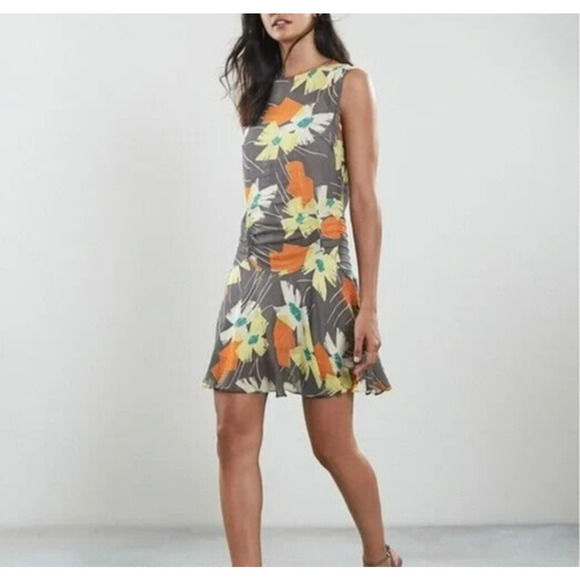 Reiss Floral Printed Mini Dress Size 6 Gray Yellow Orange Feminine Lined Spring - Picture 1 of 11